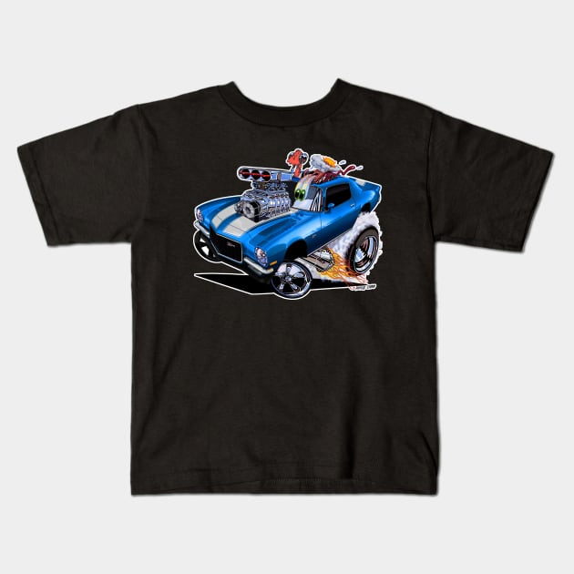 FULL BLOWN 71 Camaro Blue white stripe Kids T-Shirt by vincecrain